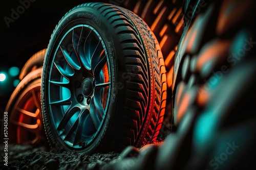 Glistening new automobile tires stacked beside a dark background. ai generated.