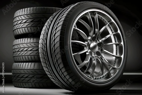 Pile of automobile tires with shiny new rubber resting against a dark background. ai generated.