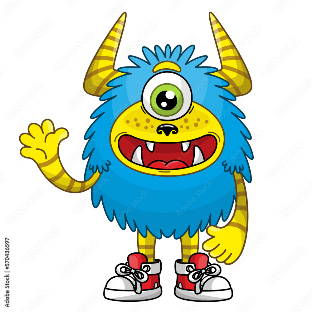 Cartoon blue monster in sneakers. Isolated cute character on white background. Vector illustration of fluffy mutant in childish style.