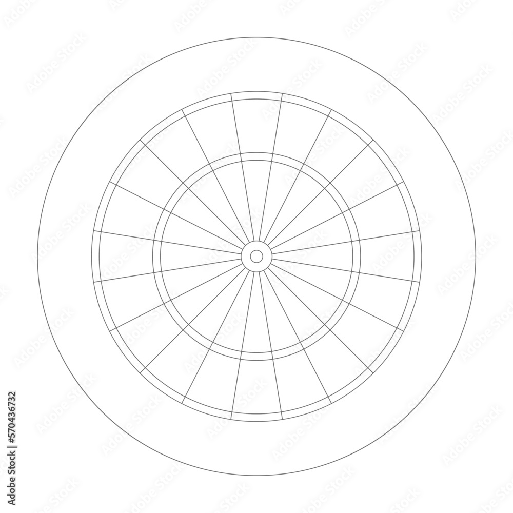 Official blank dartboard in 20 radial sections, double rings, triple ring, inner and outer bullseye. Simple flat blank thin black outline vector illustration