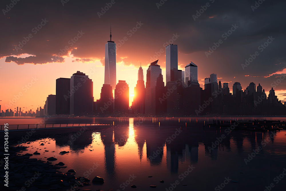 Manhattan skyline, New York at sunset. Generative AI