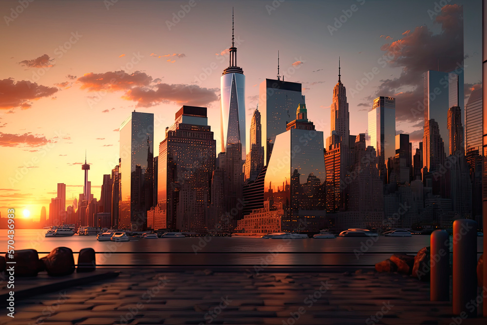 Manhattan skyline, New York at sunset. Generative AI
