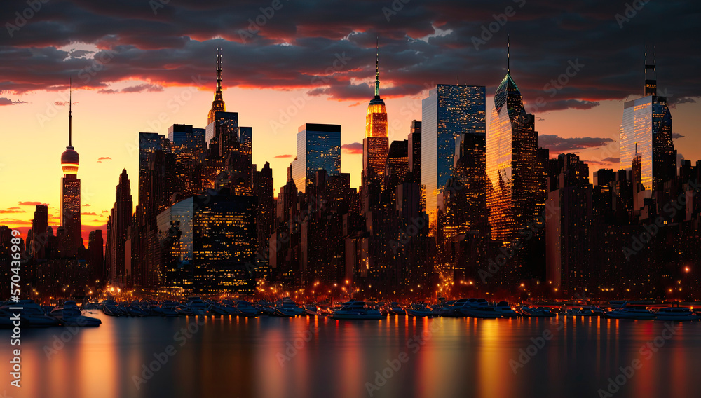 Fototapeta premium Manhattan skyline, New York at sunset. Generative AI