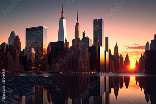 Manhattan skyline  New York at sunset. Generative AI