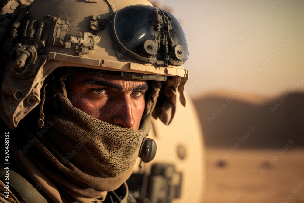 Fototapeta premium Close-up face portrait of serious soldier in sand uniform with helmet ready for defense before war. AI generative