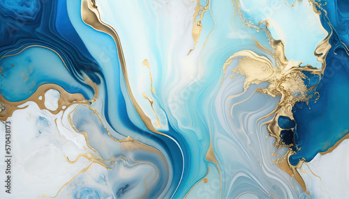 Blue marble texture with gold splashes, liquid paint art	
