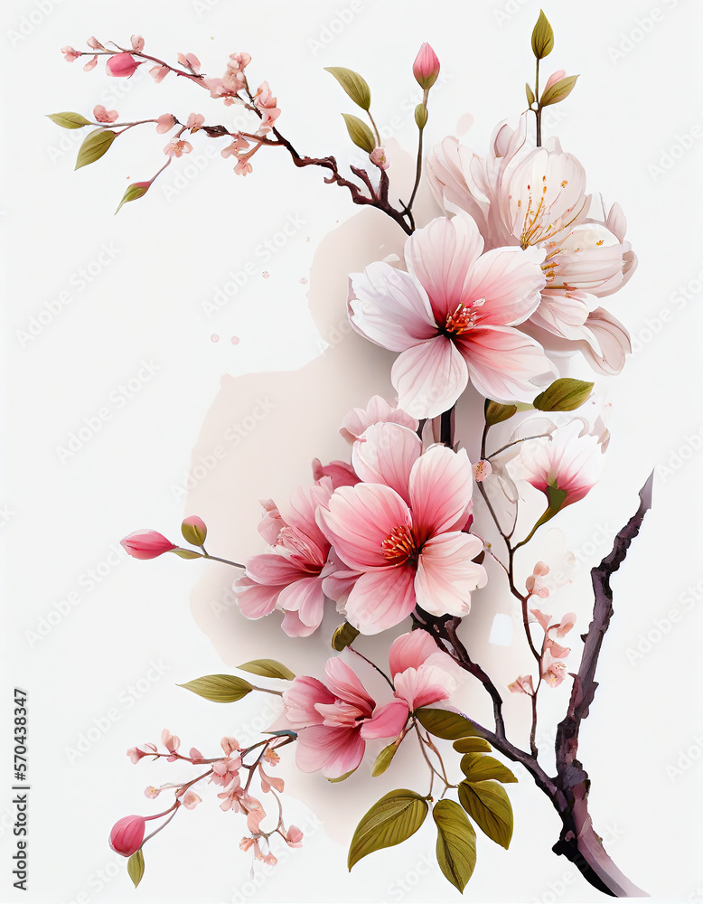 Beautiful Japanese Cherry Blossoms White Flower Illustration For Weddings, Cards, Logos, Backgrounds. Generative AI
