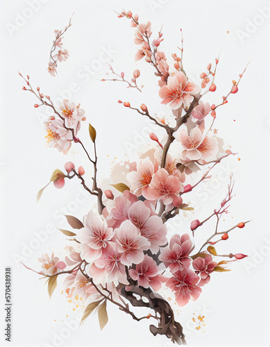 Beautiful Japanese Cherry Blossoms White Flower Illustration For Weddings, Cards, Logos, Backgrounds. Generative AI © Art for Insomniacs