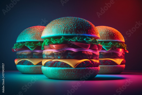 Tasty big triple hamburger retro neon background genarative AI