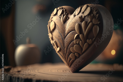 Wooden heart shape genarative AI photo