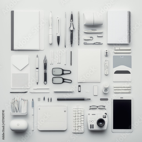 Generative AI photo of an office tools in a completely white background