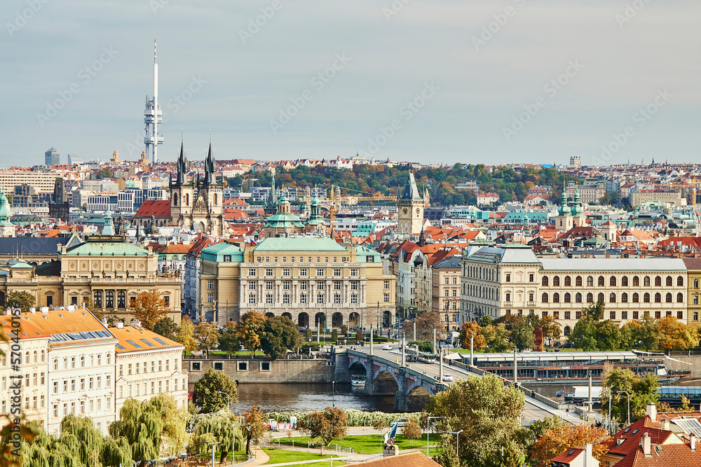 View of Vltava, bridge and Czech historical buildings in Prague.