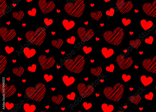 red hand drawn hearts on black pattern