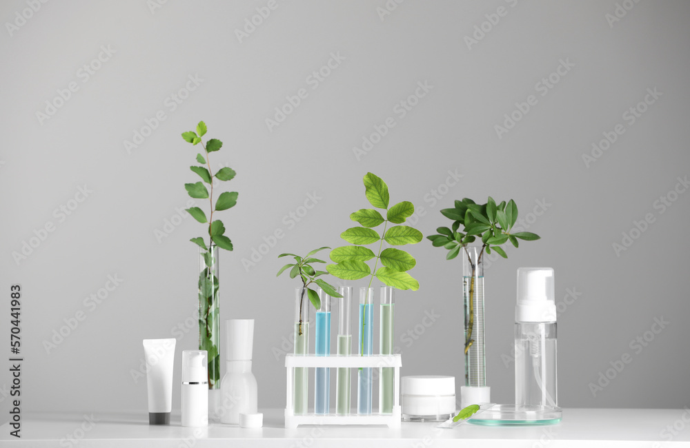 Many containers and glass tubes with leaves on white table against light grey background
