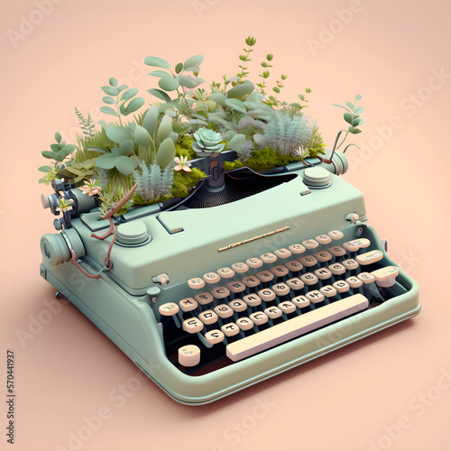 Green Writing Machine: A Typewriter-Turned-Planter Illustration