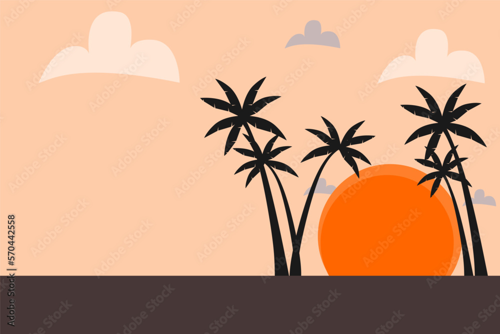 Beautiful sunset scenery and Palm trees on the beach. Vector illustration in flat style.