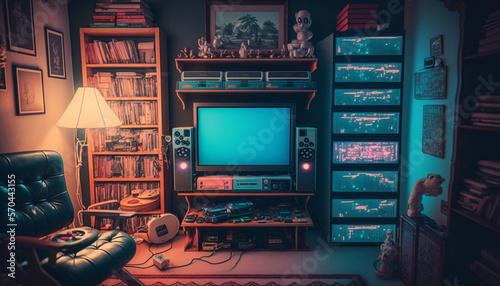 A retro gamer room with classic games vintage consol genarative AI photo