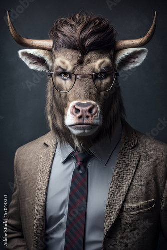 Bull in suit ready to take on business and the stock market. Generative AI and photoshop.