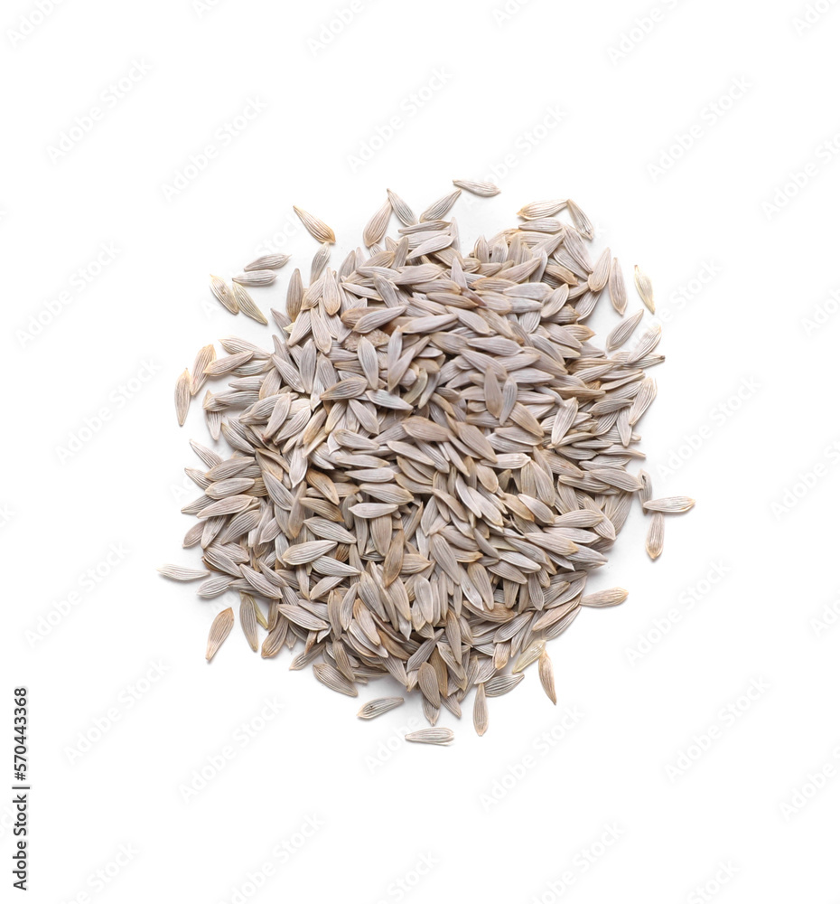 Pile of lettuce seeds on white background, top view Pile of lettuce seeds on white background, top view