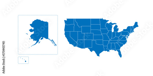 United States of America political map of administrative divisions - states and federal district Washington, D.C. Solid blue blank vector map with white borders.