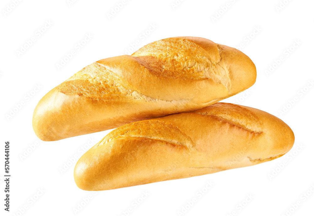Close up of two fresh french mini baguettes isolated on white background.