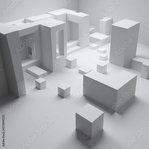Minimal white room with blocks