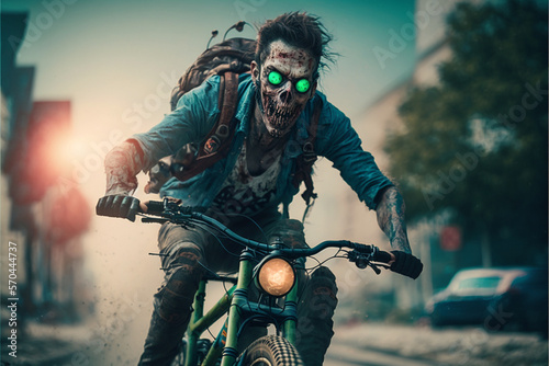 Zombie riding a bike  genarative AI photo