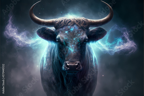 Powerful bull with blue aura, taurus zodiac sign concept