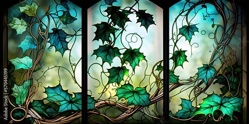 Stained glass window green ivy background created with AI photo