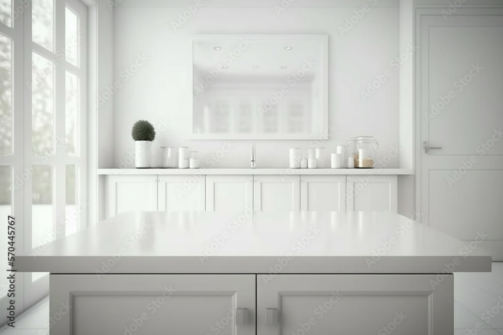 Empty white tabletop, counter, desk background over blur perspective kitchen background, White marble stone table, blurred kitchen, product display mockup, 