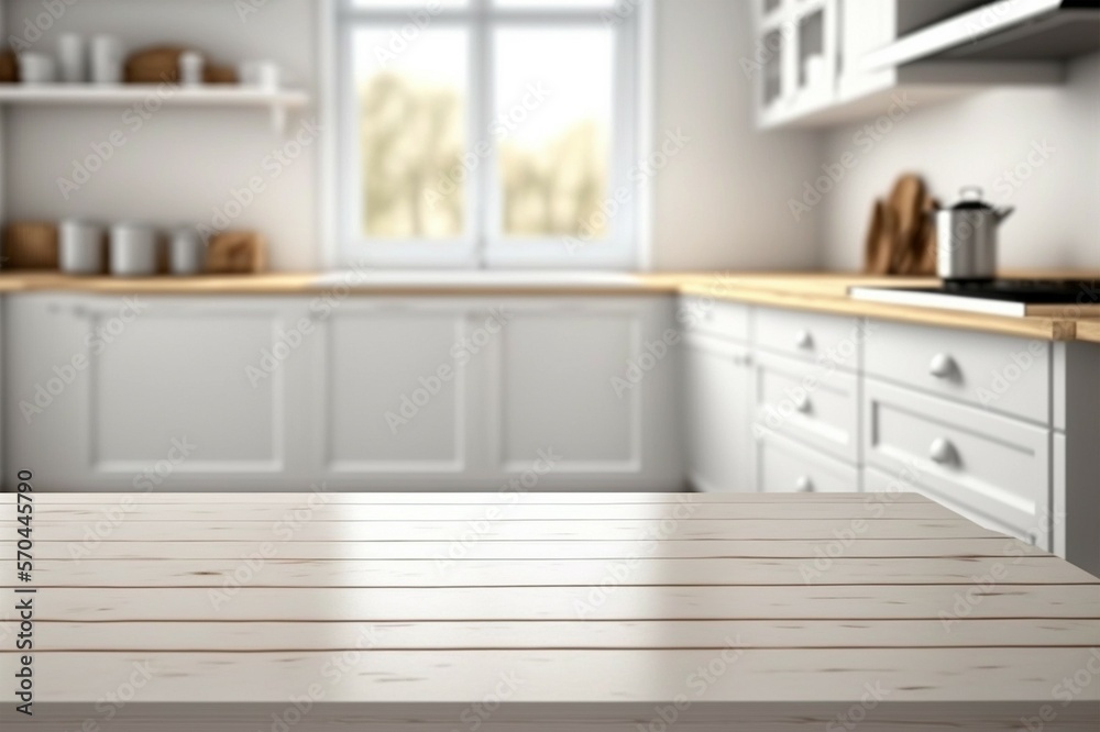 Empty white tabletop, counter, desk background over blur perspective
