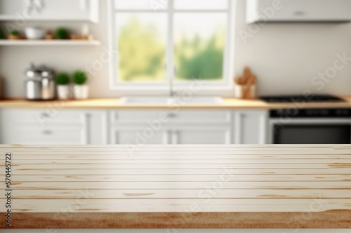 Empty white tabletop, counter, desk background over blur perspective kitchen background, White marble stone table, blurred kitchen, product display mockup,  © Nevereski