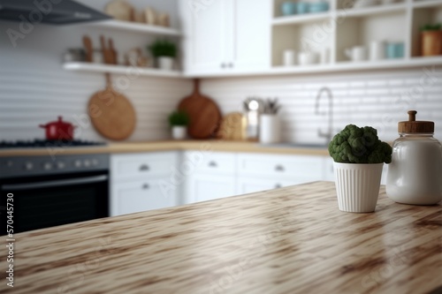 Empty white tabletop, counter, desk background over blur perspective kitchen background, White marble stone table, blurred kitchen, product display mockup, 