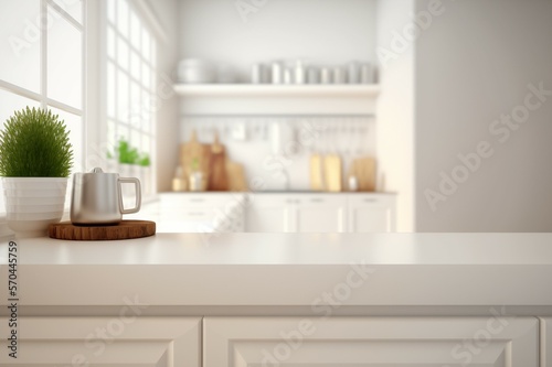 Empty white tabletop, counter, desk background over blur perspective kitchen background, White marble stone table, blurred kitchen, product display mockup,  © Nevereski