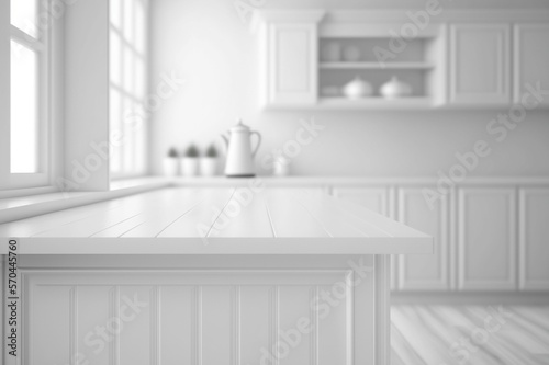 Empty white tabletop  counter  desk background over blur perspective kitchen background  White marble stone table  blurred kitchen  product display mockup  