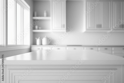 Empty white tabletop  counter  desk background over blur perspective kitchen background  White marble stone table  blurred kitchen  product display mockup  