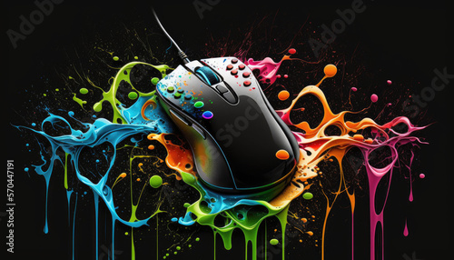 Gaming Mouse, Solid Black Background, Colorful Liquid Splash. Generative AI.