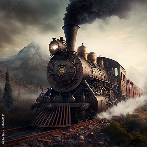 Vecchio treno a vapore in un paesaggio mistico, montagne photo