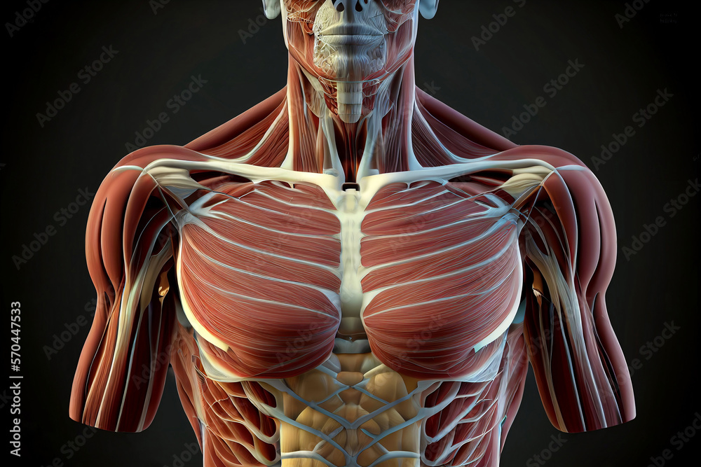anatomy illustration highlighting the muscles of the chest and