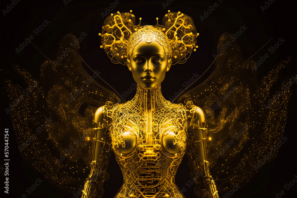 a female hacking mycelium network with circuit decorations, high speed fiber optic internet concept. Artificial intelligence with a digital brain. Generative AI.