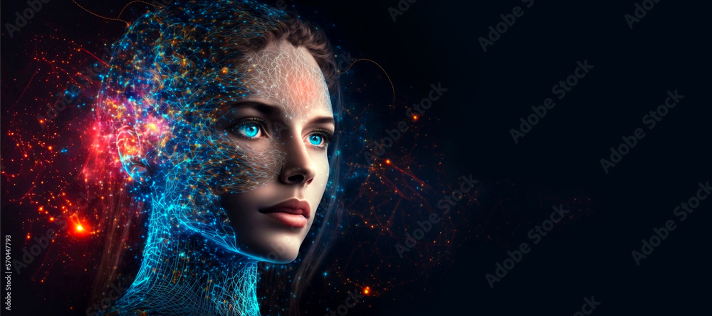 The Humanoid Cybernetic Girl representing The Future of High Speed Internet over Fiber Optic. Humanoid cybernetic girl with a neural network. High speed fiber optic internet concept. Generative AI. The Humanoid Cybernetic Girl representing The Future of High Speed Internet over Fiber Optic. Humanoid cybernetic girl with a neural network. High speed fiber optic internet concept. Generative AI.