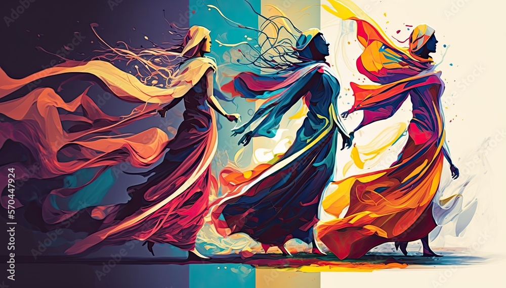 Abstract women dancing in the wind. Swirling and blowing clothing and hair. Colorful gusting silhouettes. Beautiful designs.