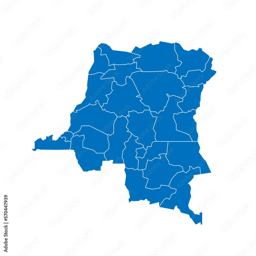 Democratic Republic of the Congo political map of administrative divisions - provinces. Solid blue blank vector map with white borders.