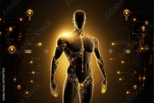 catena di blocchi AI primo piano di una silhouette maschile.L'uomo del futuro: la silhouette maschile integra circuiti elettronici, catene di blocchi e intelligenza artificiale. IA generativa. photo