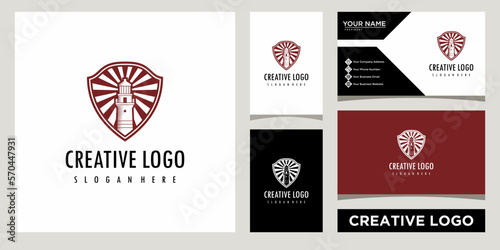 Lighthouse with shield icon logo design template with business card design