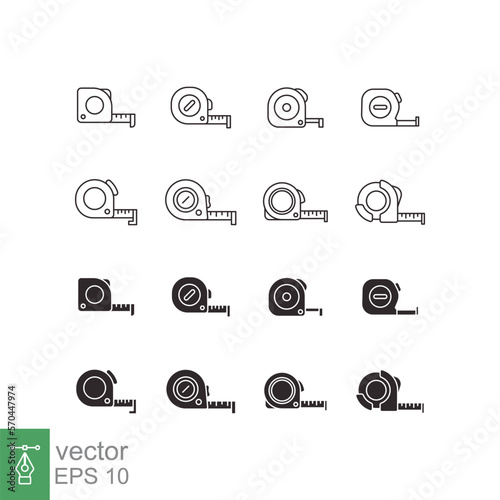 Measure tape line and glyph icon set. Simple outline and solid style collection. Meter, length, metric, size concept for app and web. Vector illustration isolated on white background. EPS 10.