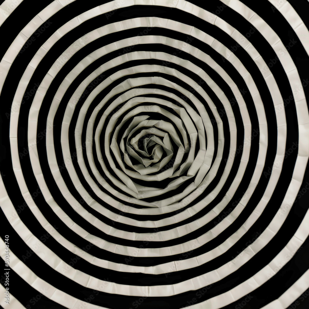 Obraz premium Black and white swirl. Concept of vertigo. Hypnotic spiral figure. Handmade of paper. Original photo turned into origami art style by AI. Created with AI.