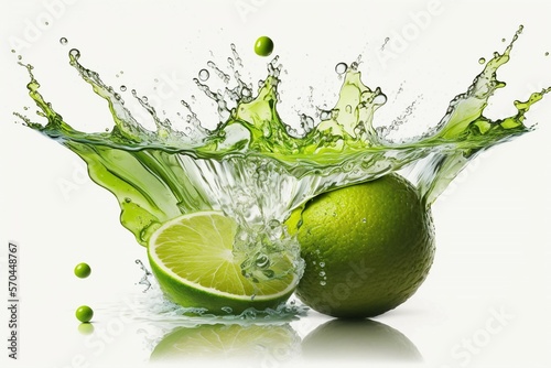 Lime falling in the water, Fruit, Cytrus, Limes, Water splash, Isolated on white background, Generative Ai
