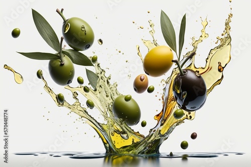 Olives falling into the olive oil, Olive, olive oil, oil splash, Isolated on white background, Generative Ai