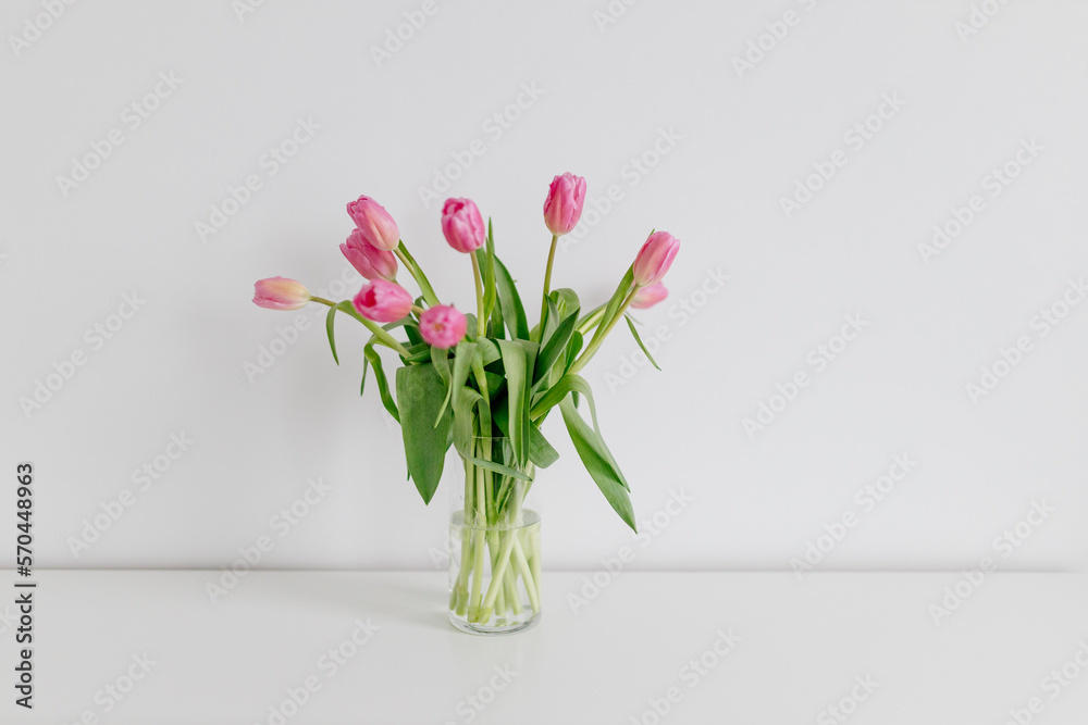 A bouquet of pink tulips in a glass vase stands on a white pedestal in a bright room with white walls. Valentine's Day background with flowers. Gift for Mother's Day or Women's Day. Spring background A bouquet of pink tulips in a glass vase stands on a white pedestal in a bright room with white walls. Valentine's Day background with flowers. Gift for Mother's Day or Women's Day. Spring background